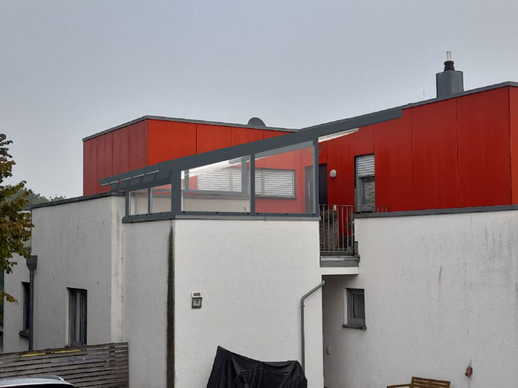 Architektonische Darstellung der geplanten Estate Treppenaufgang-Überdachung als Aluminium-Glas-Sonderbau